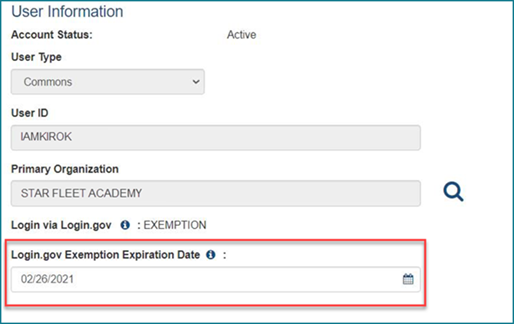 Figure 2: Login.gov Exemption Expiration Date field on the Manage Account screen. 