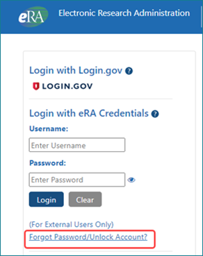 Forgot Password/Unlock Account link on eRA Commons Login screen