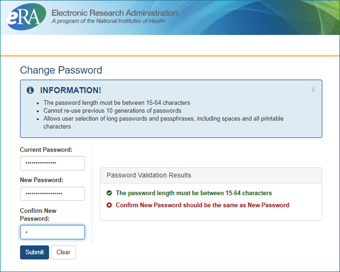 eRA Commons Change Password screen