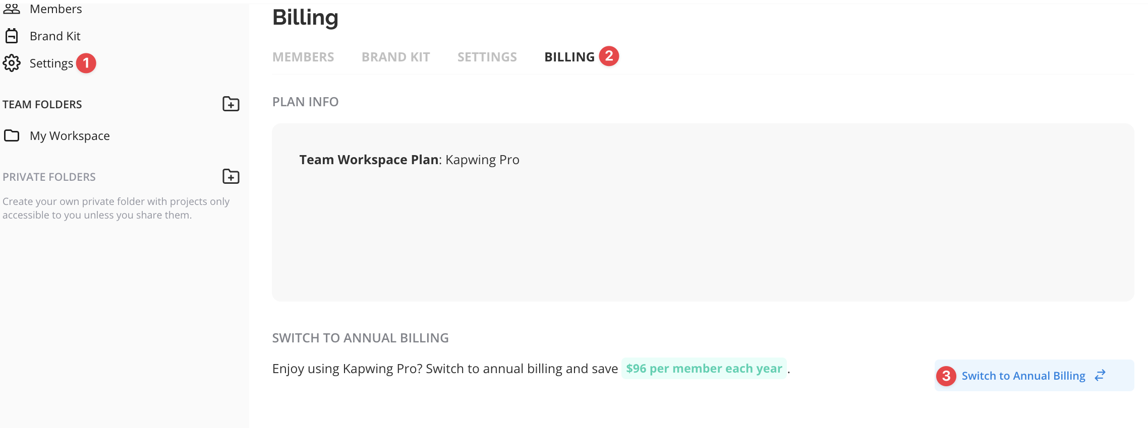 Screenshot of workspace settings to locate the switch to annual billing
