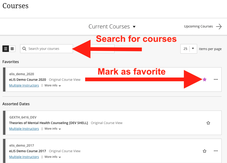 use the search feature at the top of the page to search for courses or use the favorite button next to a course to mark courses as favorite and move them to the top of the page