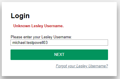Screenshot of username login
