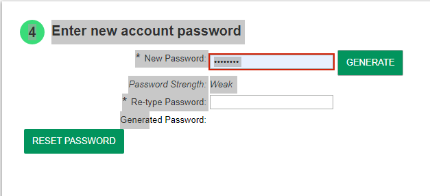 Screenshot of resetting password section
