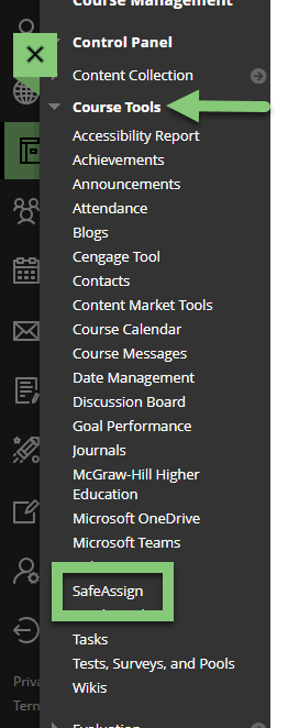 in the course menu, select control panel, course tools, and safeassign