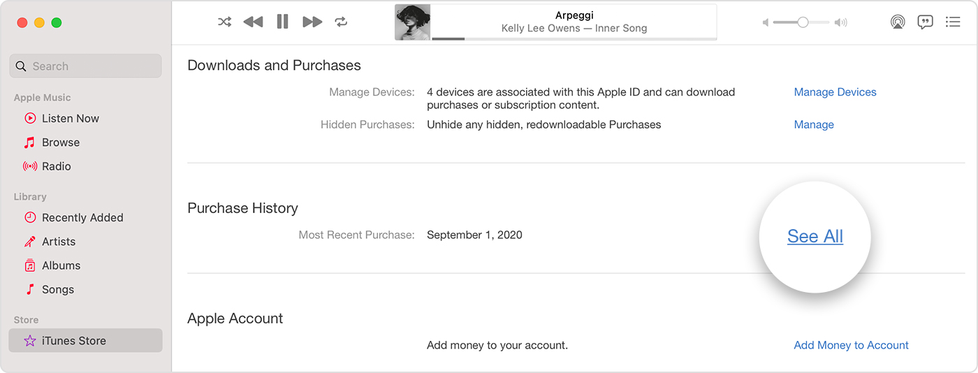 Mac showing the Purchase History section of the account information page with "See All" selected.